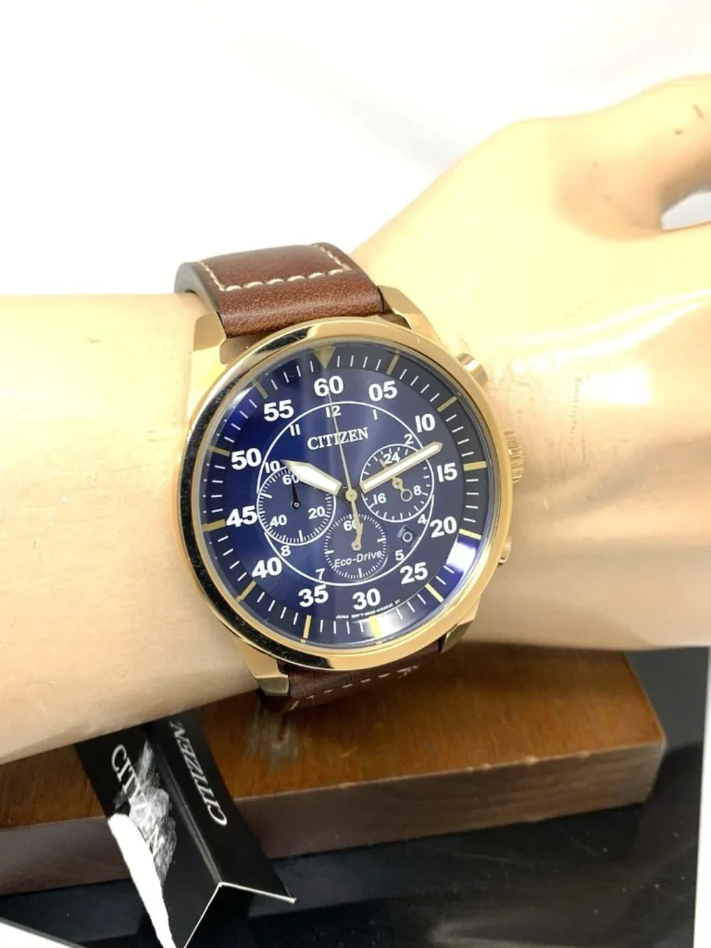 Citizen Men's Watch CA4213-18l Eco Drive Blue Dial Rose Gold Brown Leather Band
